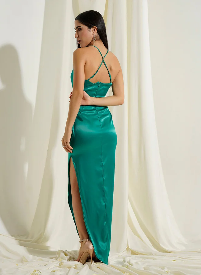 PRIZO PRIZO Shoulder Straps Sleeveless Cut-Outs Satin Casual Slit Maxi Dress